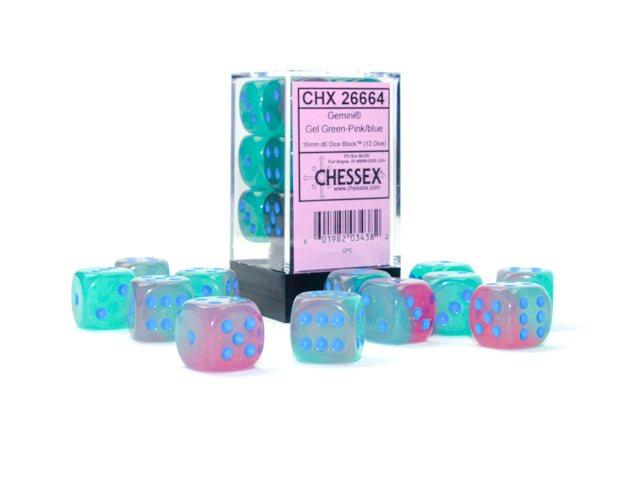 Chessex - 16MM D6 Gemini Translucent Dice - Green-Pink/Blue