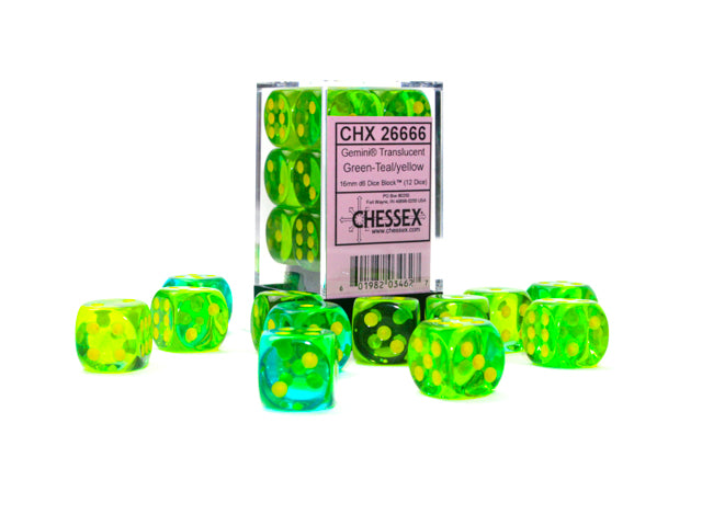 Chessex - 16MM D6 Gemini Translucent Dice - Green-Teal/Yellow