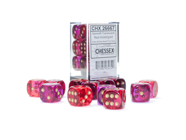 Chessex - 16MM D6 Gemini Translucent Dice - Red-Violet/Gold