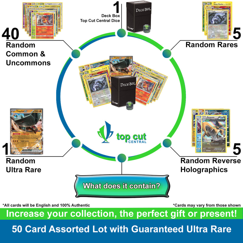 Top Cut Central - Ultra Rare Card Beginner Bundle | 50+ Authentic Cards | 1x Ultra Rare Guaranteed | Legendary, VSTAR, VMAX, V, GX, or EX | Deck Box Compatible with Pokemon Cards